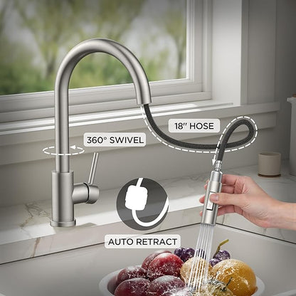 Kitchen Sink Faucet with Pull Down Sprayer, Brushed Nickel Stainless Steel Kitchen Faucets Classic High Arc Single Handle with Deck Plate for 1 or 3 Hole, Fit for Farmhouse Bar Laundry Camper