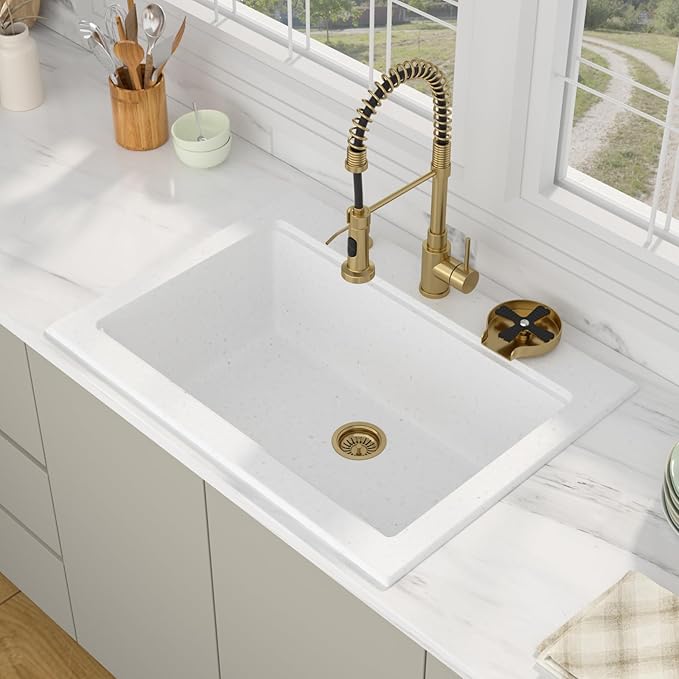 30 Granite Composite Kitchen Sink - Beslend 30x22 Drop In White Kitchen Sink with High Pressure Glass Rinser, Granite Composite Worksation White Sinks Easy Clean Quartz Basin for Kitchen Remodel