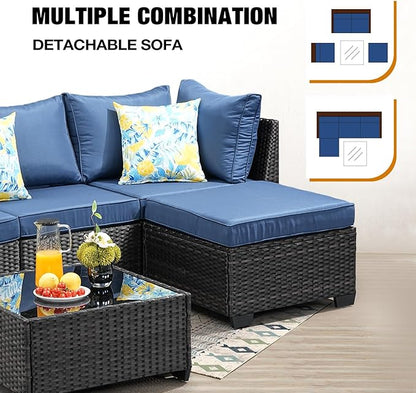 JOYURE 5 Pieces Patio Furniture Set All-Weather Outdoor Wicker Sectional Conversation Sofa Rattan Patio Seating Sofa with Cushion and Glass Table and Ottoman for Porch Poolside,Navy