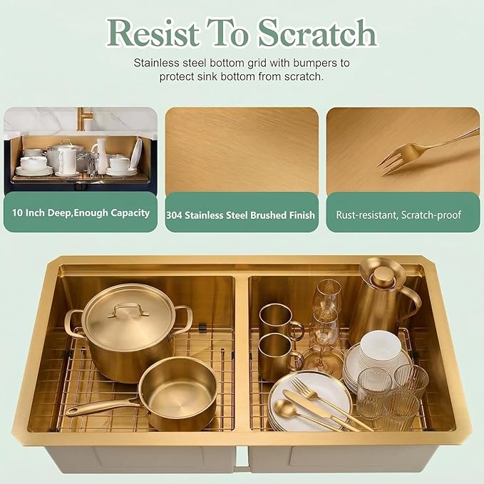 Gold Undermount Double Kitchen Sink, 16 Gauge SUS304 Stainless Steel Kitchen Sinks,50/50 Features All In One Workstation Sinks with Accessories, 30"x 18" x 10" Large and Deep Gold Double Sink