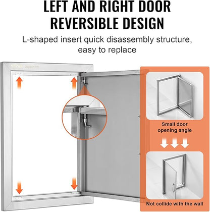 VEVOR Outdoor BBQ Kitchen Door - 14W x 20H Inch Stainless Steel Flush Mount Vertical Wall Door with Handle for Island, Grilling Station
