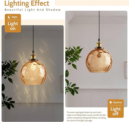 Amber Glass Hanging Lamp, Plug in Pendant Light with 14.75 Ft Long Cord, Plug in Hanging Chandelier Vintage Celing Light Fixtures Hanging for Kitchen Dining Room Living Room Bedroom (2 Pack)