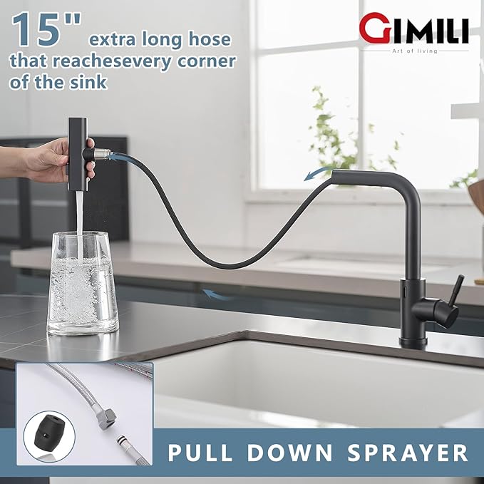 GIMILI Matte Black Touchless Kitchen Faucet with Pull Down Sprayer, 15” Hight Single Hole Handle Kitchen Sink Faucets