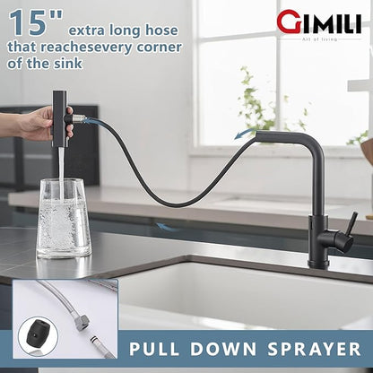 GIMILI Matte Black Touchless Kitchen Faucet with Pull Down Sprayer, 15” Hight Single Hole Handle Kitchen Sink Faucets