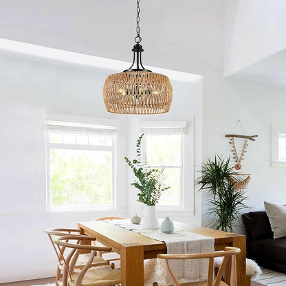 18“ Large Rattan Light Fixture, Rattan Chandeliers for Dining Room, 5-Light Boho Fixture with Twine Making Lampshade, Adjustable Height, Chandelier for Kitchen, Bedroom(Brown)