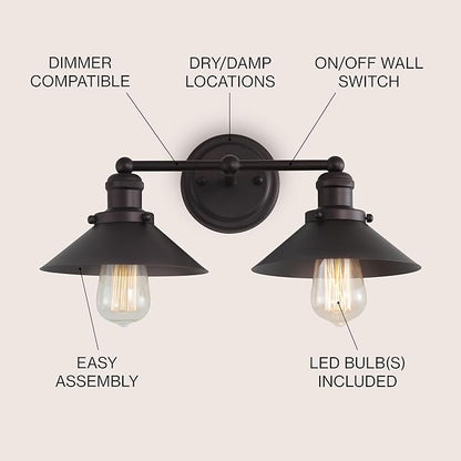 JONATHAN Y 17.5" Oil Rubbed Bronze 2-Light Industrial Farmhouse Metal Vanity Light Wall Sconce, Metal Shade for Bathroom Mirror, Kitchen, Entryway, LED Bulb Included (JYL7427A)