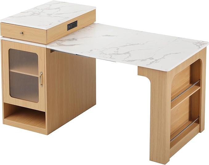 Modern Dining Table Kitchen Island with Extendable Table, Double-Sided, 2 Drawers, Power Outlet, Side Open Shelves, Wood Counter, Console,Natural-MDF