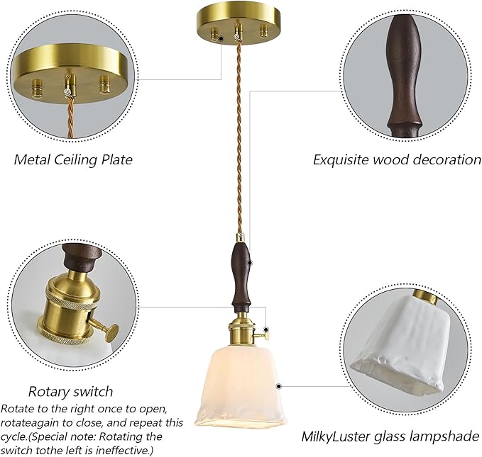 Mini Pendant Light Milky White Glass Pendant Lights Vintage Brass Pendant Lighting Kitchen Island Hanging Lamp with Wood Handle for Bedroom Dining Room (2 Pack)
