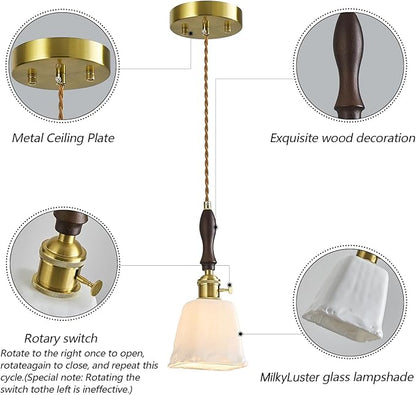 Mini Pendant Light Milky White Glass Pendant Lights Vintage Brass Pendant Lighting Kitchen Island Hanging Lamp with Wood Handle for Bedroom Dining Room (2 Pack)