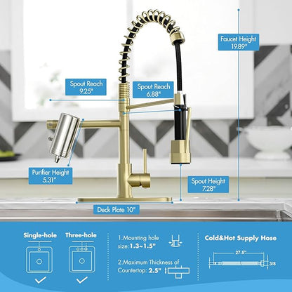 AIMADI Gold Kitchen Faucet with Water Filter and Deck Plate, Commercial Spring Brushed Gold Pull Down Kitchen Sink Faucet for Drinking Water, Farmhouse, RV, Utility or Laundry Sink