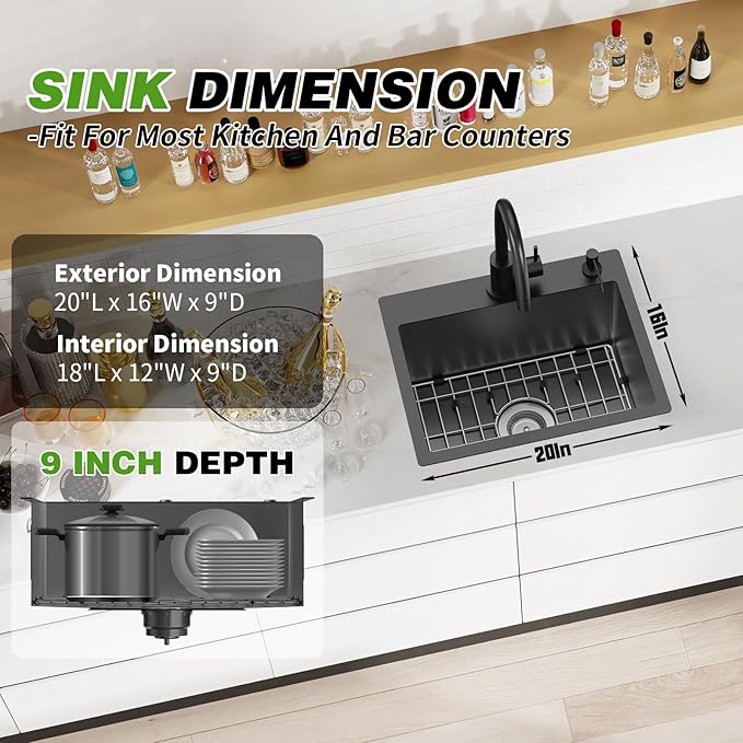 Black Kitchen And Bar Sink, 20x16 Inch Stainless Steel Drop In Kitchen Sink Modern Single Bowl Topmount Bar Sink Combo-SS Grid,Silicon Mat,Drain Strainer Set Compatibility With Various Kitchen & Bar
