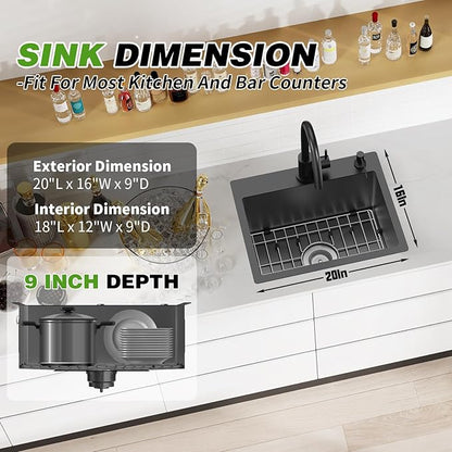Black Kitchen And Bar Sink, 20x16 Inch Stainless Steel Drop In Kitchen Sink Modern Single Bowl Topmount Bar Sink Combo-SS Grid,Silicon Mat,Drain Strainer Set Compatibility With Various Kitchen & Bar