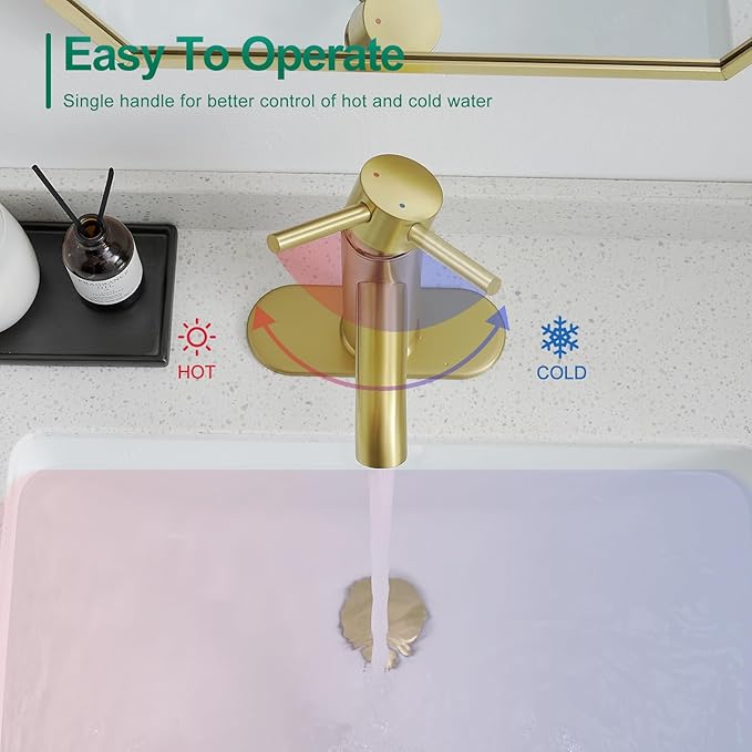 Brushed Gold Bathroom Faucets, Modern Single Hole Lavatory Vanity Faucet, Single Handle Bathroom Sink,Faucet, Faucet for Bathroom Sink with Deck Plate and Supply Hoses