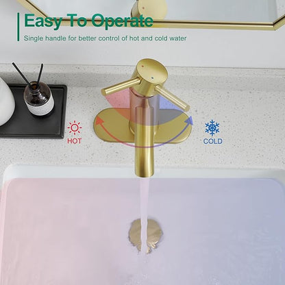 VOTON Brushed Gold Bathroom Faucet One Hole, Modern Single Handle Bathroom Faucet for 1 or 3 Hole Sink with Metal Pop up Drain, Deck Plate, for Vanity, Rv Sink