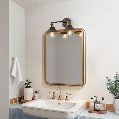 JONATHAN Y 17.5" Rustic Dark Gray/Brass Gold 2-Light Industrial Farmhouse Metal Vanity Light Wall Sconce, Metal Shade for Bathroom Mirror, Kitchen, Entryway, LED Bulb Included (JYL7427D)