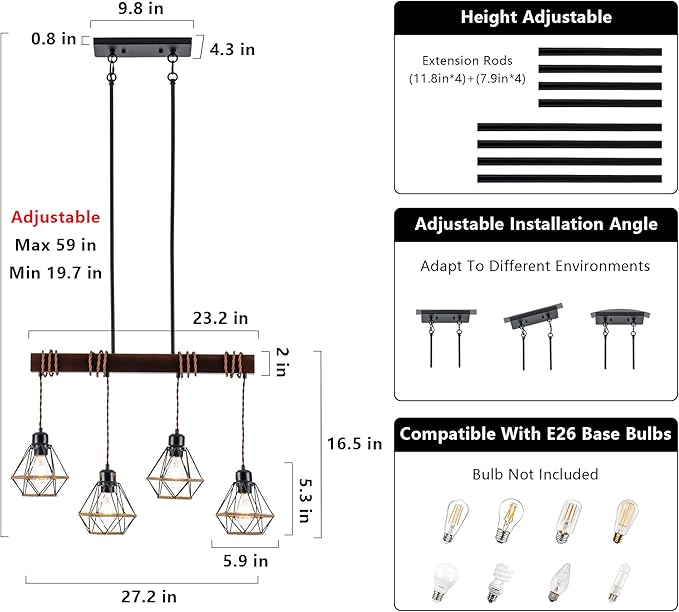 4 Light Kitchen Island Lighting, Farmhouse Chandeliers for Dining Room Light Fixtures Over Table, Modern Wood Pendant Lights Kitchen Island with Metal Lampshade
