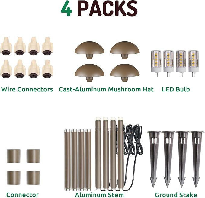 Lumina Lighting® Low Voltage Landscape Lighting Cast-Aluminum Path and Area Light Warm White 3W G4 LED Bulb and ABS Ground Stake Included for Yard Walkway Lawn PAL0107-BZLED4 (Bronze, 4-Pack)