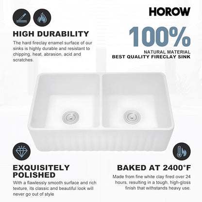 HOROW HRSW Farmhouse Kitchen Sink, 33-inch Double Bowl Sink with Bottom Grid and Strainer,Large Apron-front Ceramic Porcelain Sink Basin, 18"D x 33"W x 10"H, White