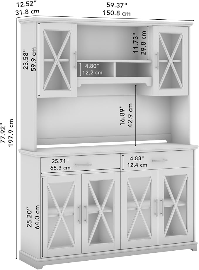 Bush Furniture Lennox 60W Farmhouse Sideboard Buffet Cabinet with Hutch in Linen White Oak | Storage Credenza for Dining Room or Kitchen Area