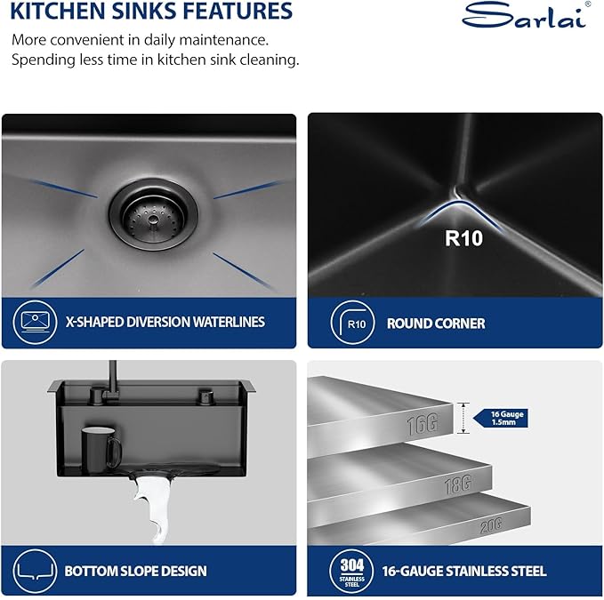 Sarlai Black Undermount Bar Sink With Foldable Faucet - 21x19 Inch Outdoor Black Kitchen Sink RV Workstation 16 Gauge Stainless Steel Single Bowl Handmade Outdoor BBQ Sinks with Lid