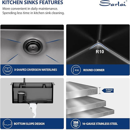Sarlai Black Undermount Bar Sink With Foldable Faucet - 21x19 Inch Outdoor Black Kitchen Sink RV Workstation 16 Gauge Stainless Steel Single Bowl Handmade Outdoor BBQ Sinks with Lid