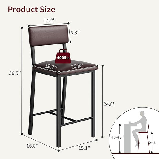 GarveeHome Bar Stools Set of 4 with Back & Footrest, Upholstered Counter Stools with Thickened Metal Legs, 24.8 Inches Counter Height Barstools, for Kitchen Island, Bar, Brown