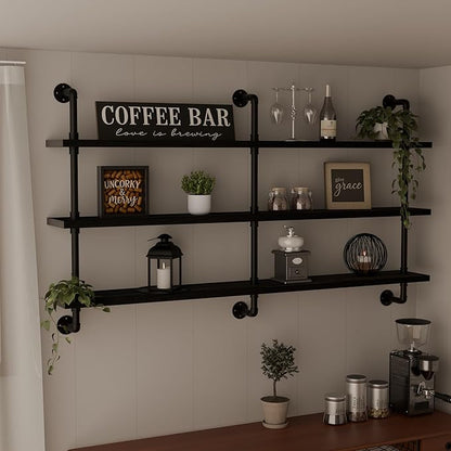 HDDFER Industrial Pipe Shelving Rustic Black Pipe Wall Shelves Industrial Shelves with Wood Planks Floating Shelves 60 Inch Farmhouse Bathroom,Kitchen Shelving Wall Mounted