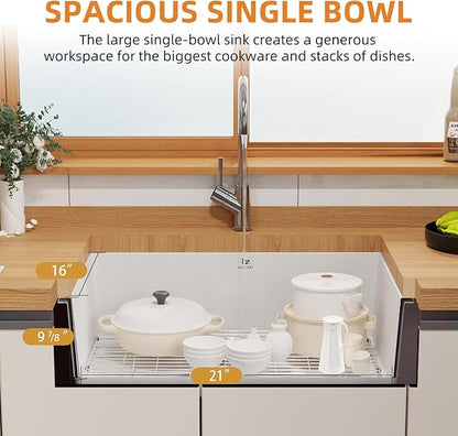 Quartz Kitchen Sink, 23 Inch White Undermount Kitchen Sinks, Deep Single Bowl Granite Composite Sink, Modern Sinks Providing Complete Accessories, Spacious Workspace and Easy Cleaning