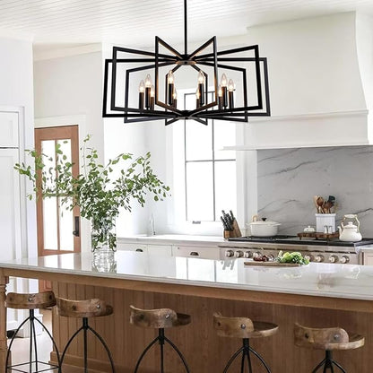 Black Chandelier for Dining Room 8-Light Farmhouse Chandelier,Modern Geometric Industrial Meta Pendant Light Fixture Adjustable Height Hanging Lighting for Dining Room,Living Rooms,Villas,Entryway