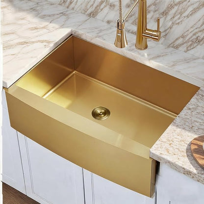 Hotis Gold Farmhouse Sink, 33 Inch Stainless Steel Farmhouse Kitchen Sinks, Single Bowl Burshed Gold Apron Front Farm Sinks, Brass Undermount Sink With Accessories
