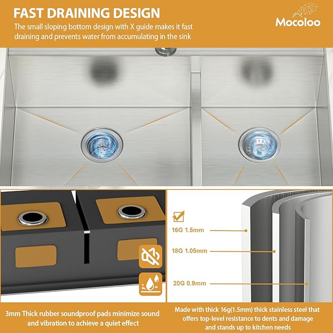 36 Inch Double Bowl Kitchen Sink - Mocoloo 36 x 19 Undermount Kitchen Sinks Workstation 16 Gauge Stainless Steel 60/40 Double Sink Handmade with 2 Compartment Sinks