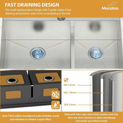 36 Inch Double Bowl Kitchen Sink - Mocoloo 36 x 19 Undermount Kitchen Sinks Workstation 16 Gauge Stainless Steel 60/40 Double Sink Handmade with 2 Compartment Sinks