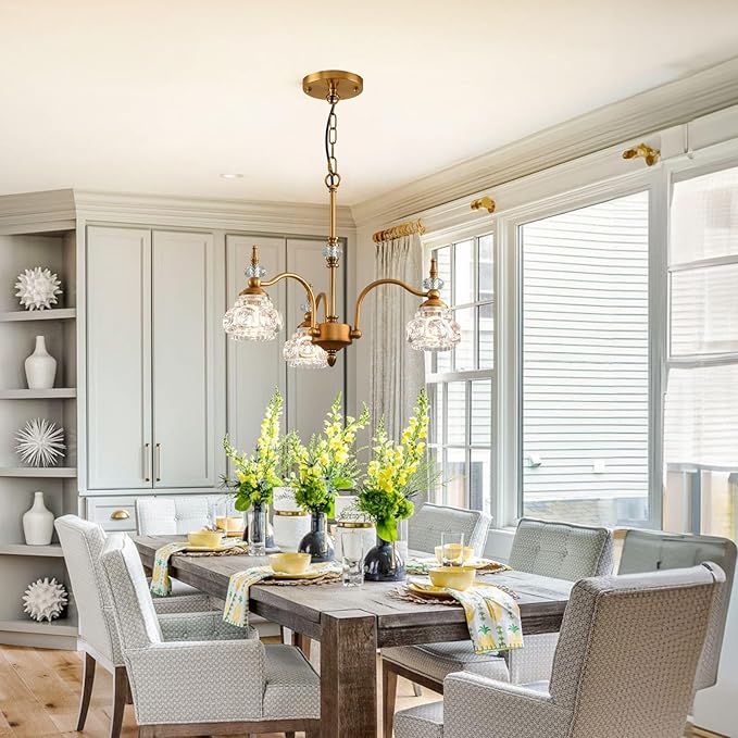 WJShome Vintage Pendant Light Fixture, 3 Lights Gold Glass Pendant Lighting Matte Brushed Antique Brass Finish with Crystal Glass Shade, for Dining Room, Kitchen Island, Bedroom, Living Room, Foyer