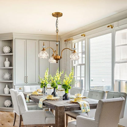 WJShome Vintage Pendant Light Fixture, 3 Lights Gold Glass Pendant Lighting Matte Brushed Antique Brass Finish with Crystal Glass Shade, for Dining Room, Kitchen Island, Bedroom, Living Room, Foyer