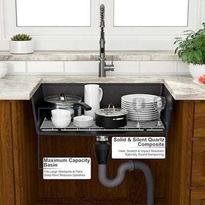 Mocoloo 33 Inch Black Granite Composite Kitchen Sink - 33x19 Undermount Ledge Workstation, Matte Black Quartz Single Bowl Under Counter Kitchen Sinks