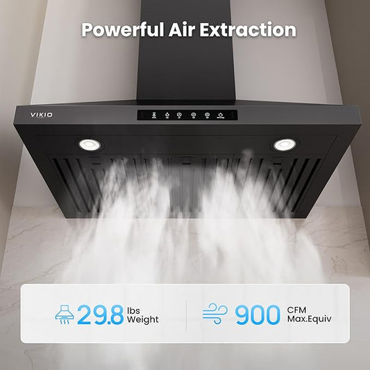 VIKIO HOME Wall Mount 36 Inch Range Hood 900 CFM, Ductless/Ducted Convertible, 3-speed Gesture Sensing & Touch Control, Black Painted Stainless Steel Vent Kitchen Hood with Permanent Baffle Filters