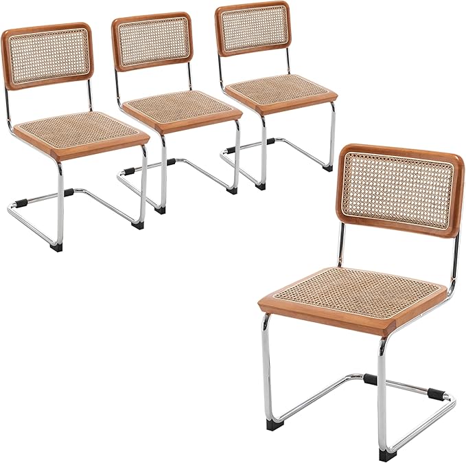 Alunaune Mid Century Modern Dining Chairs Set of 4, Upholstered Natural Rattan Kitchen Chairs Accent Chair, Armless Side Chairs with Metal Chrome Legs for Bedroom Living Room-Rattan Seat