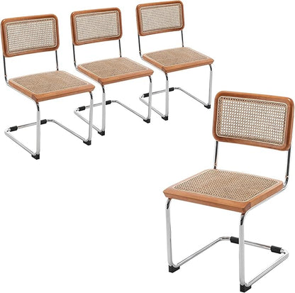 Alunaune Mid Century Modern Dining Chairs Set of 4, Upholstered Natural Rattan Kitchen Chairs Accent Chair, Armless Side Chairs with Metal Chrome Legs for Bedroom Living Room-Rattan Seat