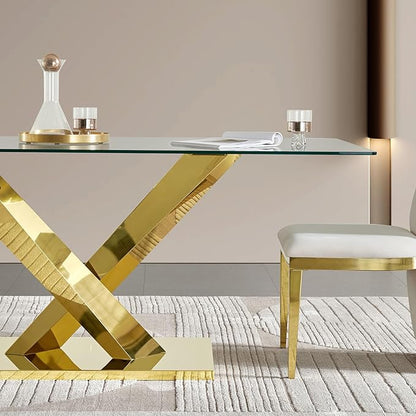 69” Modern Glass Dining Table for 6, Luxury Clear Tempered Glass Top with Gold X-Base Stainless Steel Legs, Elegant Rectangle Dining Room Table