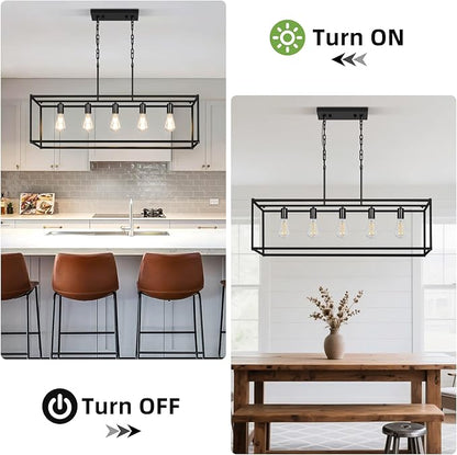 5-Light Rustic Farmhouse Chandelier, Rectangular Metal Kitchen Island Pendant Lighting Fixtures, Black Industrial Linear Hanging Light for Dining Room, Entryway, Foyer, Bar, Living Room