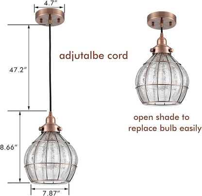 YUBOLE Glass Pendant Light Red Antique Copper Dimmable Kitchen Hanging Light Fixture Cracked Glass Shade Lighting for Dining Table Foyer Bedroom