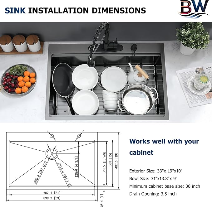 33x19 Drop In Kitchen Sink Black - 16 Gauge Stainless Steel Workstation Sinks Ledge Handmade 10 Inch Deep Single Bowl Kitchen Sink Top Mount Easy to Clean