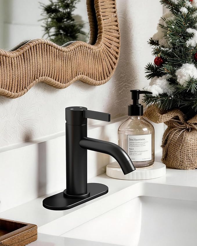 Fransiton Matte Black Bathroom Faucet Single Hole with Pop-Up Bathroom Drain and Flexible Hoses Single Handle Bathroom Sink Faucet w/Deck Plate(1 or 3 Hole) for Vanity Sinks, RV, Farmhouse