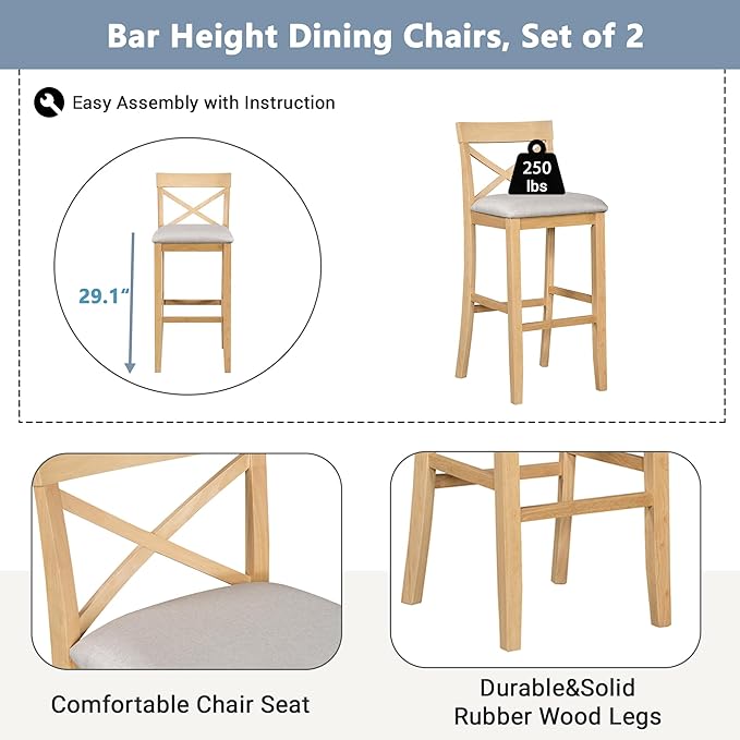 Farmhouse Bar Table Set of 3, Includes 48" Rectangular Wood Dining Table and 2 Bar Stools, Counter Height Kitchen Table Set for Small Spaces (Natural Color + Beige + Solid Wood + Foam)