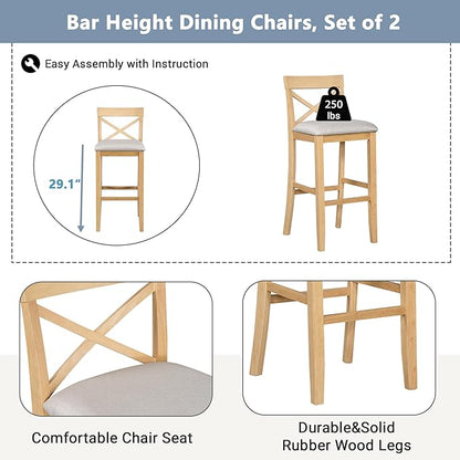 Farmhouse Bar Table Set of 3, Includes 48" Rectangular Wood Dining Table and 2 Bar Stools, Counter Height Kitchen Table Set for Small Spaces (Natural Color + Beige + Solid Wood + Foam)