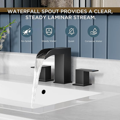 QFN Matte Black Bathroom Sink Faucet 3 Hole, 8 Inch Widespread Square Bathroom Faucet with Metal Pop-up Drain and 24" CUPC Supply Line, Lead-Free 2 Handles for Vanity, Restroom, Lavatory and Mall