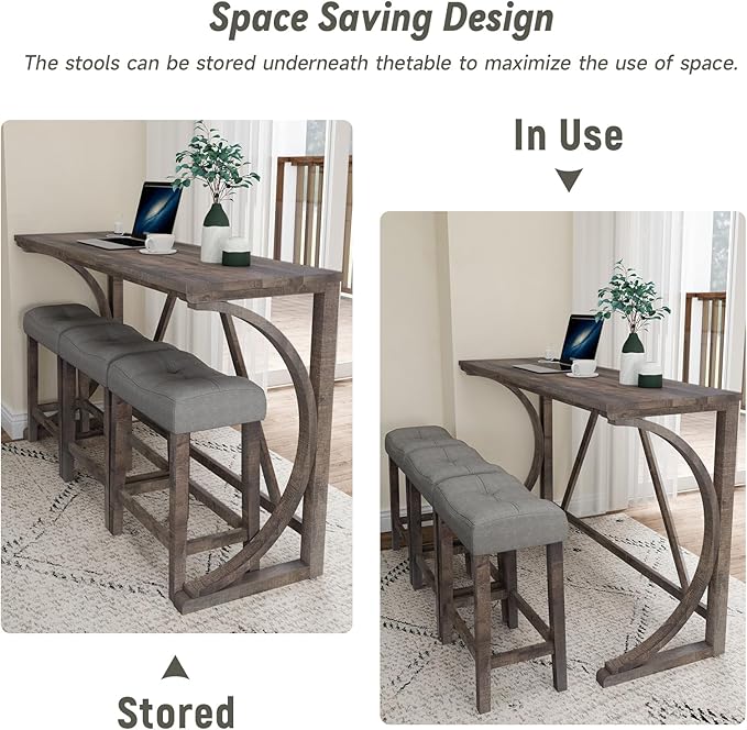 HMFULE 4 Piece Bar Table Set with Power Outlet, 59'' Dining Bar Table and Chairs Set, Industrial Breakfast Table with 3 Padded Stools for Living Room Dining Room Game Room Brown