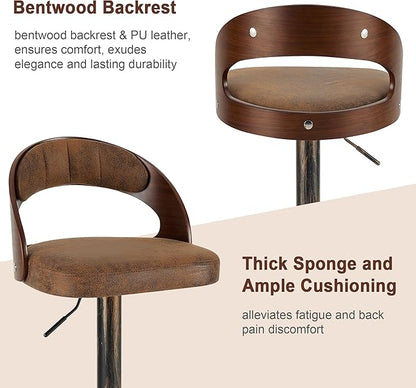 VECELO Bar Stools Set of 2,Adjustable Counter Height Stools with Bentwood Back,Armrest&Footrest,Swivel PU Leather Bar Chairs for Kitchen Island,Coffee Shop and Salon,Crescent Curve, Rustic Brown