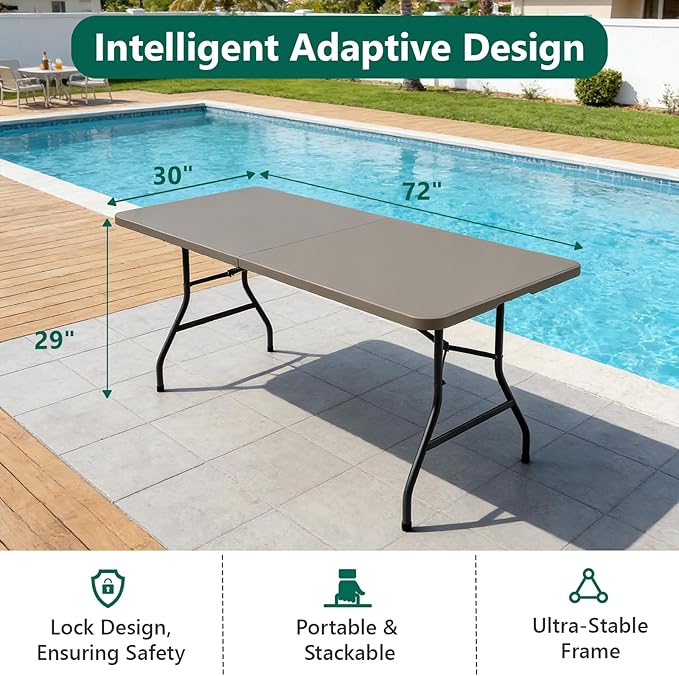 Folding Table 6ft - Heavy Duty Plastic Table with Handle, Foldable & Portable, Fold-in-Half Utility Tables for Outdoor, Dining, Wedding, Events, Indoor, Picnic, Camping, Party (Khaki)