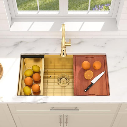 Dcolora 33 In. Gold Undermount Kitchen Sink, Workstation with Valued Accessories, Heavy Duty 16 Gauge 304 Stainless Steel Luxury Gold Nano-PVD, 33"x19"x10" Large Single Bowl #DC-U2533006GW